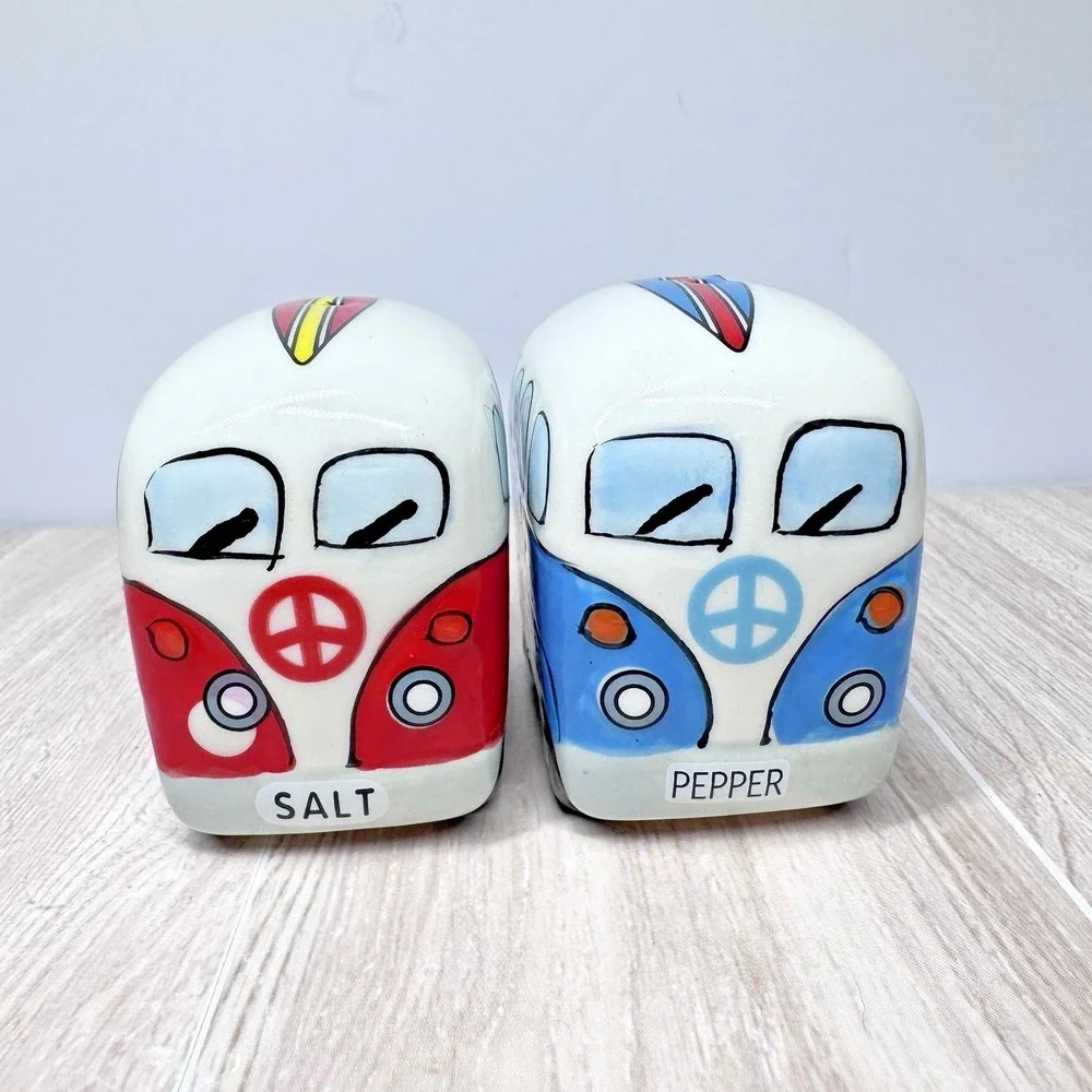 Vintage VW Bus Camper Salt Pepper Shakers Ceramic Red Blue Van Set